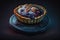 beautiful plum mini pie with shiny glaze on dark blue background