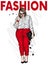 Beautiful plus size girl in stylish clothes. Woman in shirt, trousers and shoes. Fashionable accessories. Vector illustration.