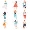 Beautiful plus size women in fashionable clothes set, curvy, overweigh girl, body positive vector Illustrations on a