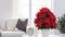 Beautiful poinsettia and gift box on white table in stylish living room interior. ai generative