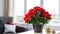 Beautiful poinsettia and gift box on white table in stylish living room interior. ai generative