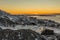 Beautiful Polar sunset, view from the hill to Nuuk fjord and new suburb of city, Greenland