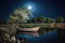 Beautiful pond Full moon light night and white cloud and wooden boat fill with beautiful flowers, blue cloudy sky reflection
