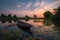 A beautiful pond sunset time and wooden boat fill with beautiful flowers, blue cloudy sky reflection in the water, some beautiful