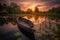 A beautiful pond sunset time and wooden boat fill with beautiful flowers, blue cloudy sky reflection in the water, some beautiful