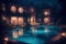 Beautiful pool at night, nestled by the side of a sleek and modern building generated by Ai