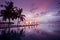 Beautiful poolside and sunset sky. Luxurious tropical beach landscape, deck chairs and loungers and water reflection