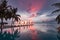 Beautiful poolside and sunset sky. Luxurious tropical beach landscape, deck chairs and loungers and water reflection