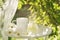 Beautiful porcelain coffee cup and Turkish delight sweets on glass table decorated with white flowers in summer garden