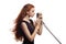 Beautiful portrait of singing girl with retro