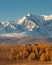 Beautiful portrait size shot of a white snowy mountain and hills with trees in the foreground. Blue sky as a background. Fall time