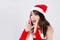 Beautiful portrait young asian woman Santa costume shout sound loud for announce with excited and happy in holiday xmas