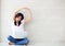 Beautiful portrait young asian woman sitting with laptop stretch