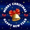 Beautiful postcard Merry Christmas and Happy New Year. Christmas bell with a red ribbon bow on a blue background with yellow stars