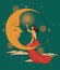 Beautiful poster in art nouveau style with party woman and moon in starry sky