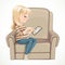 Beautiful pregnant blond woman sitting in armchair and use electronic tablet for information retrieval