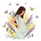 Beautiful pregnant woman on the background of wild flowers and butterflies. Motherhood happiness concept.