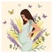 Beautiful pregnant woman on the background of wild flowers and flying butterflies. Motherhood happiness concept.