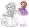 Beautiful princess with flowers in the hair and the hem of the dress color and outlined picture for coloring book