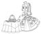 Beautiful princess near the table with a delicious cake outlined picture for coloring book
