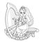 Beautiful princess playing the celtic harp outlined picture for coloring book