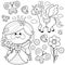 Beautiful princess with spring flowers and a unicorn. Vector black and white coloring page.