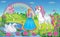 Beautiful Princess with white unicorn and Swan. Fairytale background with flower meadow, castle, rainbow, lake. Wonderland. Vector