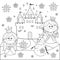 Beautiful princesses in a winter landscape in the snow with a castle and a snowman. Vector black and white coloring page.