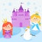 Beautiful princesses in a winter snowy landscape with a castle and a snowman. Vector Illustration