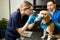 Beautiful professional vet working on a medical exam of a dog