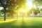 Beautiful public park with green grass field on morning light Created with Generative AI technology