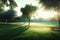 Beautiful public park with green grass field on morning light Created with Generative AI technology