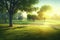 Beautiful public park with green grass field on morning light Created with Generative AI technology