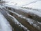 Beautiful puddles with ice crust, snow and reflection in winter or spring