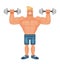Beautiful pumped up bodybuilder man doing exercises with dumbbells and smiling, flat vector