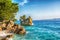 Beautiful Punta Rata beach in Brela, Makarska Riviera, Dalmatia, Croatia. Travel resort background. Summer vacatioan. Copy space