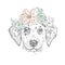 Beautiful puppy in a wreath of flowers. Cute Dalmatians. Vector illustration. Dog and lilies.