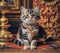 A beautiful purebred kitten in a richly decorated ancient royal interior