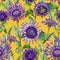 Beautiful purple African daisy flowers with green leaves on yellow background. Seamless bright floral pattern. Watercolor painting