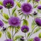 Beautiful purple aster flowers with green leaves on light lilac background. Seamless floral pattern. Watercolor painting.