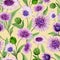 Beautiful purple daisy flowers with closed buds and leaves on light yellow background. Seamless spring pattern.