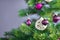 Beautiful purple glass tree bauble with decorated Christmas tree with other seasonal tree ornaments on light violet background