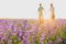 Beautiful purple lavender flowers on the summer field. Blurred Couple hugging hands, romantic love story. Warm and inspiration