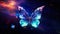 beautiful purple neon glowing butterfly on dark background illustration, blue and violet colors