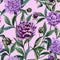 Beautiful purple peony flowers with green leaves on pink background. Seamless floral pattern. Watercolor painting.