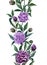 Beautiful purple peony flowers with green leaves on white background. Seamless floral pattern. Straight and narrow.