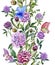 Beautiful purple peony flowers on a stems with green leaves and bright butterflies sitting on them. Seamless floral pattern.