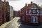 Beautiful and quiet Duke street in Chester with traditional Tudor style house. Photo taken during the sunset