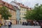 Beautiful and quiet square in Prague, Czech Republic, with trees and colorful houses