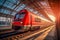 Beautiful railway station with modern red commuter train at suns